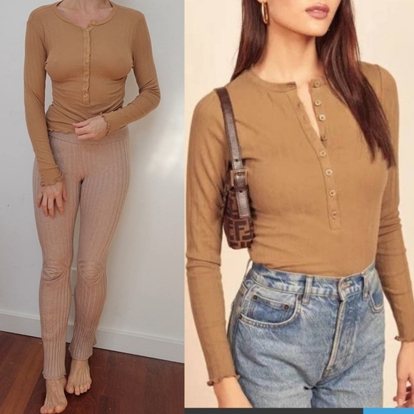 Reformation Nisa camel tan pointelle button down top xs - Picture 1 of 5